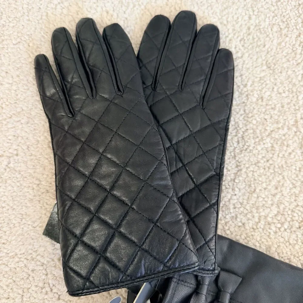 MoDA & Mango Women Black Leather Gloves 2 Pair Lot S S/M NWT Quilted Bow Luxury